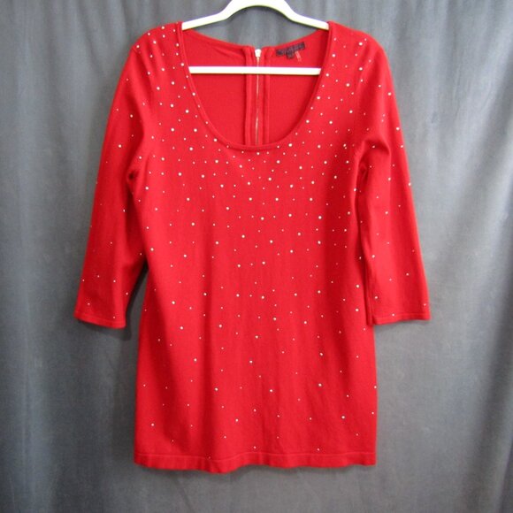 Fontana Red Silver Studded Top Womens Size XL 3/4 Sleeve Scoop Neck Stretch - Picture 10 of 10